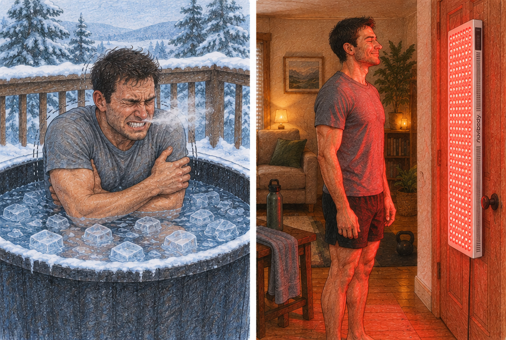 Illustration: shivering in an ice bath versus relaxing in front of a white Nuvibody CORE 1500 red light panel at home